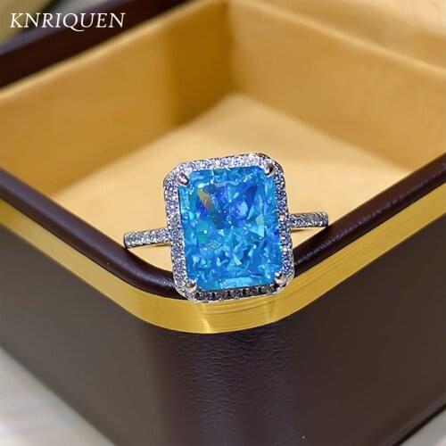 Charms 925 Sterling Silver 8*10mm Aquamarine Stone High Carbon Diamond Rings for Women Luxury Female Wedding Bands Fine Jewelry