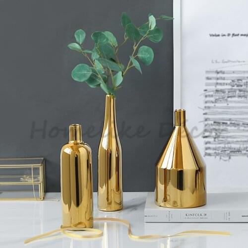 Modern Golden Plated Flower Vase Ceramic Flower Pot Electroplating Vase Floral Centerpiece Crafts Home Table Decoration
