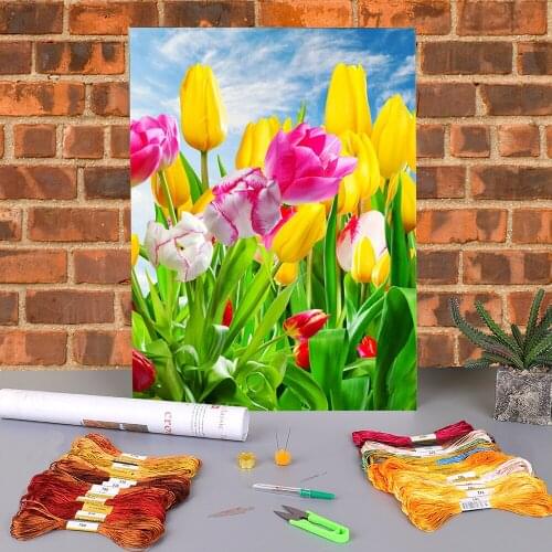 Tulips Flower Printed 11CT Cross-Stitch Embroidery Complete Kit DMC Threads Hobby Handiwork Handicraft Sewing Home