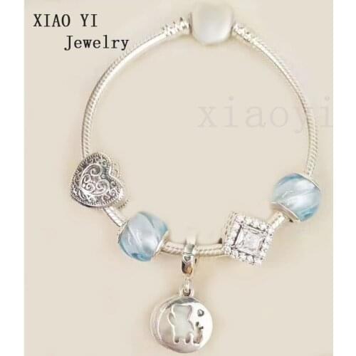 XIAOYI 2020 New 100% S925 Blue and white love square diamond glass charm high quality bracelet jewelry birthday gift female