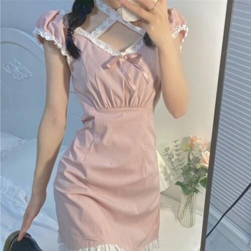 Japanese Kawaii Lace Pink Dress Women Designer Korean Sweet Sexy Mini Dress Female High Street Chic Party Outfits Fairy Dress