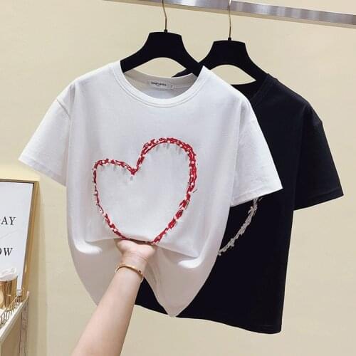 Gkfnmt Casual Cotton Basic Love Beading T-shirt Women Short Sleeve Tee Shirts Female Solid Tees Ladies Summer Tops y2k Harajuku