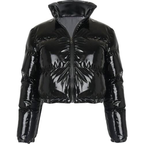Women Long Sleeve Zipper Puffer Jacket Stand Collar Shiny Metallic Faux Leather Cropped Bubble Coat Quilted Parkas
