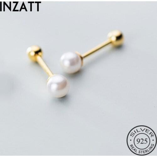 INZATT Real 925 Sterling Silver Pearl Round Stud Earrings Fashion Women Fine Jewelry Party Minimalist Cute Accessories Gift