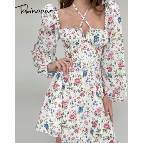 Tobinoone Floral Print Square Collar Mini Dress Women Halter Puff Full Sleeve Backless Party Dresses High Waist Sexy Vestidos