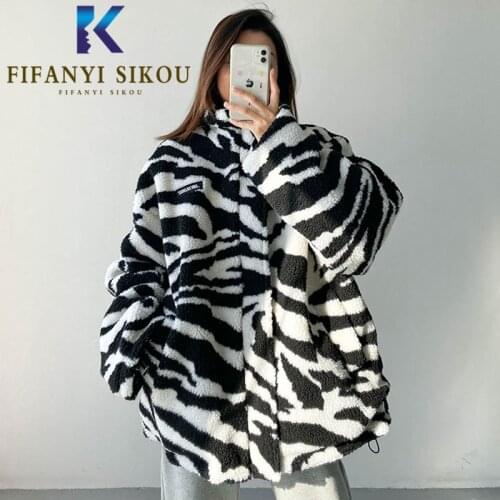 Winter Women Lambs Wool Jacket Thick Warm Outerwear Fashion Zebra Print Loose PlushW Coats Female Plus Size Casual Winter Jacket