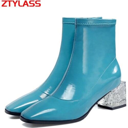 Women Sheepskin Ankle Boots Fashion Zipper Square Toe Short Boots Lady Crystal Thick High Heel Autumn Winter Shoes Black Blue
