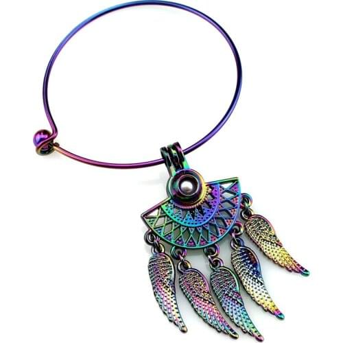 Rainbow Color Bangle Bracelet Pick a Pearl Cage Dangle Fan Shapes Filigree Bohemian Beauty Pendant B-C842