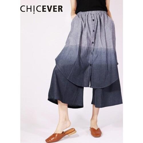 CHICEVER Hit Color Patchwork Wide Leg Pants Female Elastic Waist Pockets Summer Casual Loose Calf-Length Pant Women Fashion New
