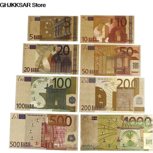Hot Sale Colorful Paper Money Crafts Banknote Euro Gold Plated Paper Money 8 Pcs Set Banknote Worth Collection