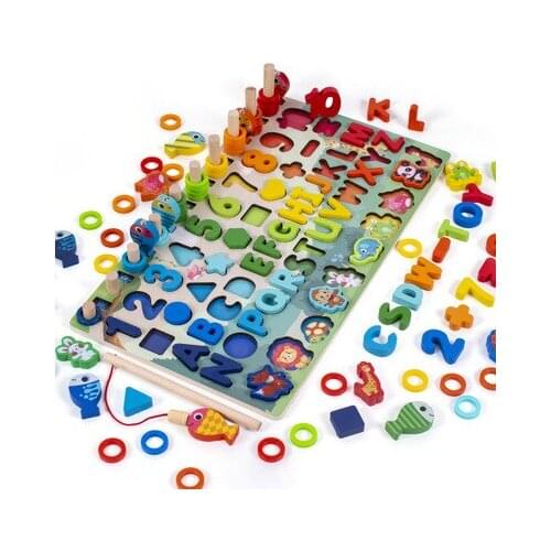 5 in 1 fishing game numbers matching puzzle toy montessori toys animal wooden building block for children
