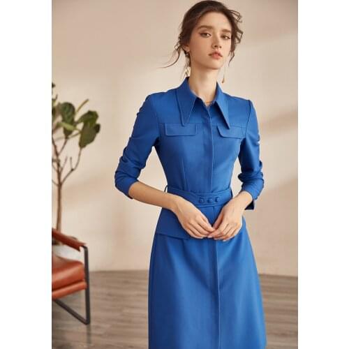 Intellectual blue shirt dress womens autumn 2021 new slim fit lace up mid length skirt