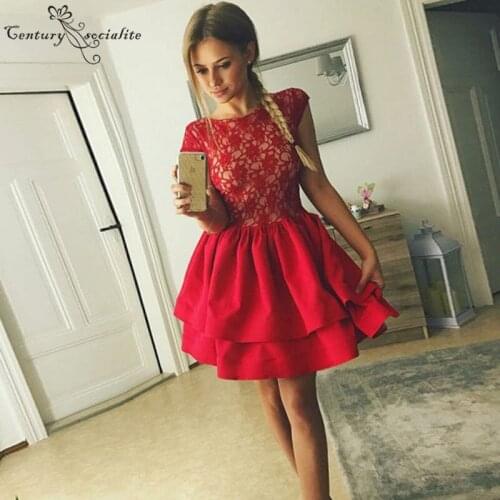 Red Homecoming Dresses 2020 Lace Graduation Dress Tiered Cap Sleeves Zipper Back Short Prom Dress Ball Gown Cheap