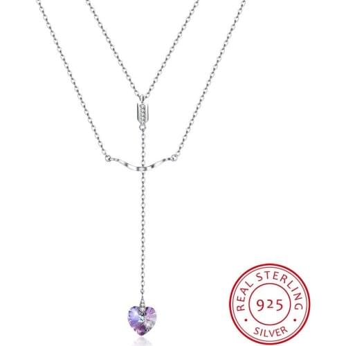 LEKANI Long Pendant Necklace Colorful Heart Bead Crystals For Women 925 Silver Double Chain Collars Wedding Party