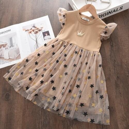Summer Girls Dress Children Stars Sequined Toddler Girl Outfits Mesh Patchwork Princess Vestidos Sleeveless Kids Baby Party Gown