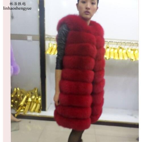 Linhaoshengyue 90CM Long Real Fur Fox Vest Women Fox Fur Long Vest