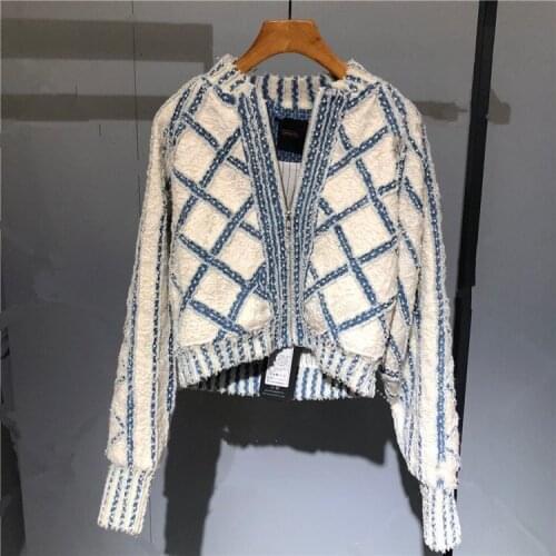 Small heavy round New collar short cardigan sweater color matching pearl diamond lattice coat can customized big size