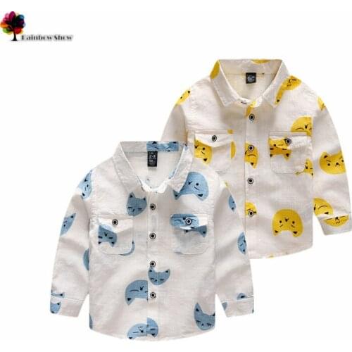 New Children Clothing Boys Autumn and Spring Cute Cats Printed Long-sleeve Water Processing Linen Cotton Casual Shirts