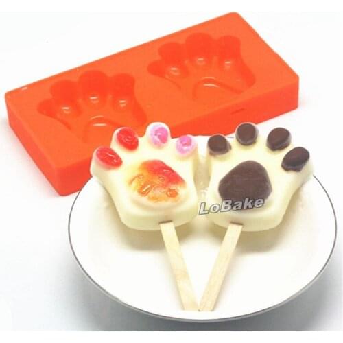 Latest classic design 2 cavities lovely bear claw shape silicone lollipop ice cream popsicle cake pop candy moulds ice cube tray