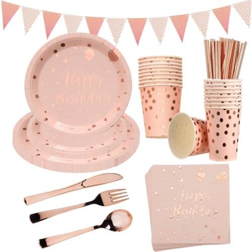 Rose Gold Party Disposable Tableware Set Paper Straw Adult Birthday Party Decorations Kids Happy Birthday Party Table Decoration