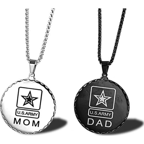 RIR New Arrived US Army Dad Mom Nana Round Shaped Dog Tag Black Stainless Steel Military Pendant Necklace Jewelry