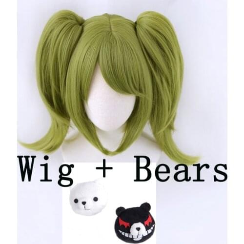 Game Danganronpa Cosplay Monaka Monaca Towa Wig Dangan Ronpa Green Clip Ponytails Heat Resistant Hair + Bear Headwear + Wig Cap