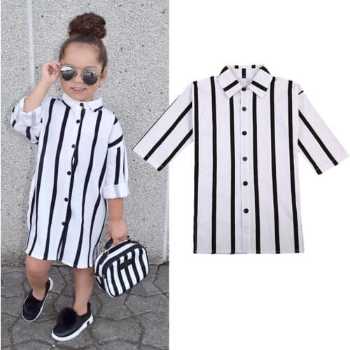 Pudcoco Kids Girl Dress Striped Dress Long Sleeve Buttons Shirt Dresses Toddler Casual Clothes 1-6T