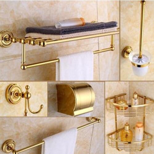 Luxury Golden Brass Bath Hardware Hanger Set Discount Package Towel Bar Rack Paper Holder Shelf Hook Brush Bathroom Accessories
