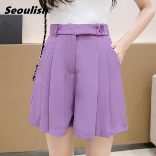 Seoulish 2021 New Summer Casual Pleated Womens Shorts Purple High Waist Workwear Button Female Loose Wide Leg Trouses Lady