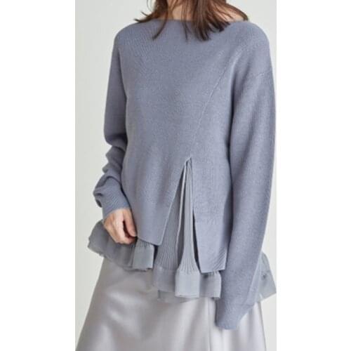 Tide Chic Chiffon Knitted Patchwork Split Sweater 2021 Autumn New Arrivals Elegant Women Tops O Neck Long Sleeve Pullover