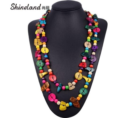 Shineland Colorful Wooden Long Necklace Nature Coconut Shell Handmade Rope Chain Bohemian Statement Big Ethnic Jewelry 2020