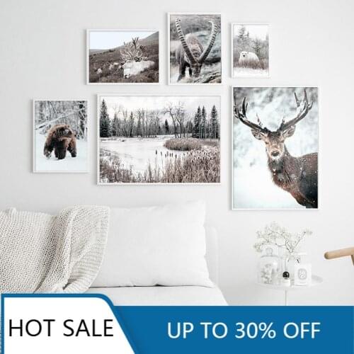 Scandinavian Wall Art Canvas Painting Poster and Print Winter Nature Landscape Beer Deer Animal Wall Picture Nordic Home Room De
