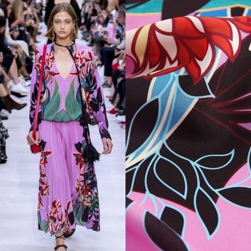 Plant Graffiti Printed Fabric 100% Polyester Crepe de Chine for Dress Shirt Fashion Design Sewing Textile Material by meter