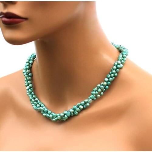 Unique Pearls jewellery Store Aqua Blue Color 3 rows Baroque Genuine Freshwater Pearl Necklace Free Silver Earrings