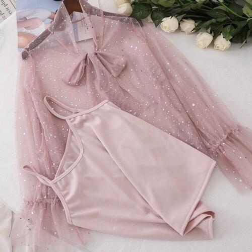 Two Piece Women Mesh Blouse Solid Sweet Tie Bow Lace Shirts Female Long Sleeve Sequins Blouses Bottoming Shirt +Tank Tops AB1248