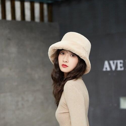 Winter Bucket Hat Fur Thick Warm Hat For Women Solid Color Girls Flat Top Velvet Fedoras Ladies Plush Bob Feminios Gorras Hat
