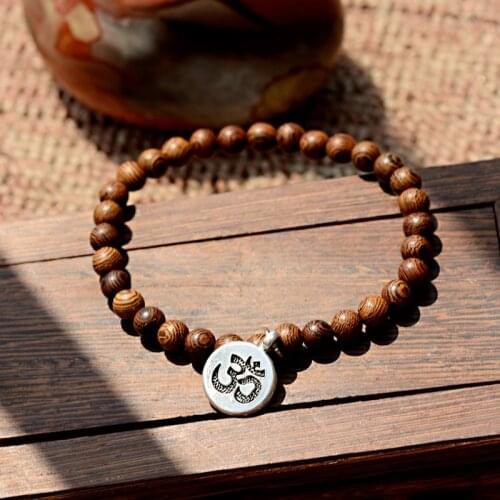 2019 6MM OM Natural Wood Beads Bracelets Women Ethnic Lotus Pendant Buddhism Bracelet Prayer Jewelry Yoga Bracelet Homme