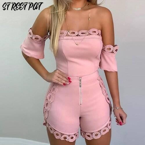 Off Shoulder Bodycon Two Piece Set Women Lace Patchwork Top And Shorts Set Summer Clothes 2021 Sexy Club Outfits Hot