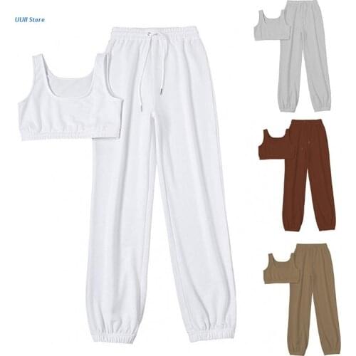 Women 2 Pieces Fitness Outfits Set Sleeveless Crop Tank Top and High Waist Drawstring Jogger Pants Solid Color Workout Yoga