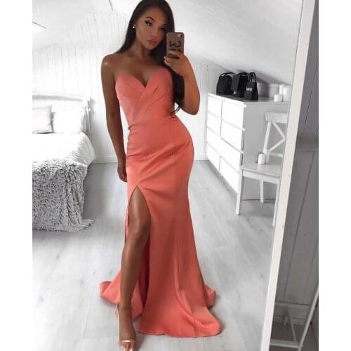 Sexy Pleated V-Neck Long Satin Evening Dresses with Slit Mermaid Lace Up Back Abendkleider Robes de Soirée for Women