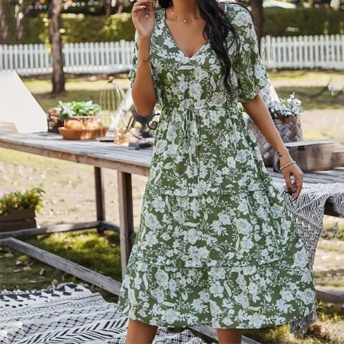 Summer Green Floral Dress Women 2021 Leaf Print Boho Dress House of Sunny Dress Vestidos Largos De Verano Para Mujer 2021