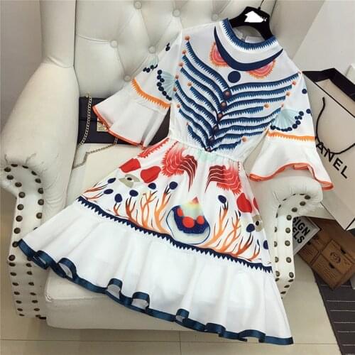2020 New Fashion Women Summer Chinese Style Painting Printing Temperament Ruffled Horn Sleeve Holiday Wind Dress Student Dresses