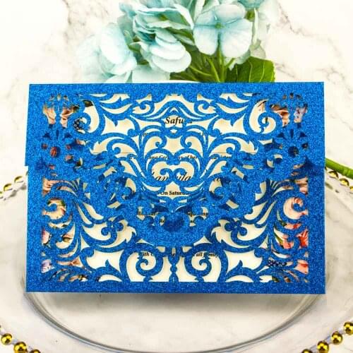 1pcs free sample hollow Laser Cut glitter paper wedding invitation cards with Embossed Wholesale greeting pocket invite cover