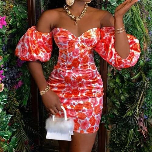 2021 Summer Women Pencil Dress Off Shoulder Floral Elegant Dresses Sexy Skinny Evening Party Formal Dresses Ruffles Ladies Dress