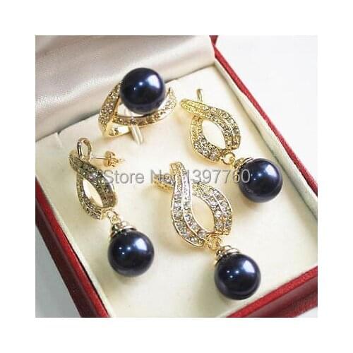 Free shipping Miss charm Jew.132 1Set AAA 12mm Black Shell Pearl Pendant Necklace Earrings Ring Set