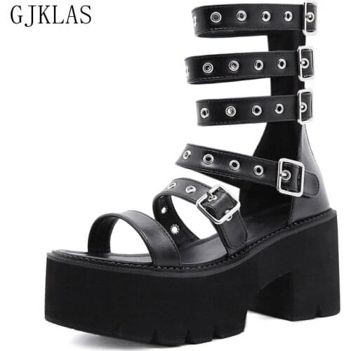 Women Shoes High Heel Boots Black Platform Sandals Size 43 Summer Leather Shoes Women Gladiator Sandals Boots Platform Heel