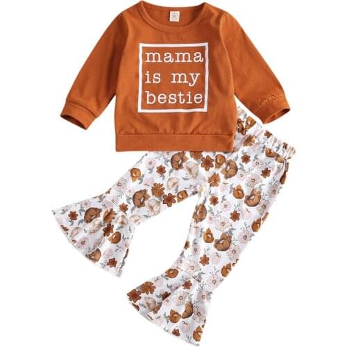 Citgeett Spring Kids Girls Long Sleeves Trousers Suit Letter Print Round Neck T-shirt and Floral Elastic Pants Set