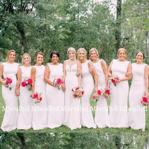 Cheap White Bridesmaid Dresses 2021 Women Boat Neck Sweep Train Vestidos Long Prom Dress Wedding Party Gown Winter Guest