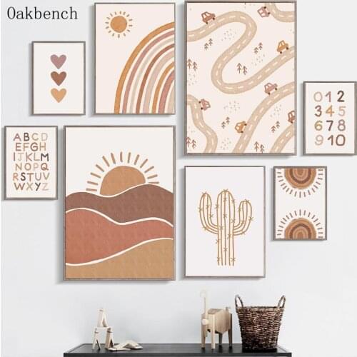 Nursery Wall Art Print Numbers Alphabet Canvas Poster Cactus Painting Sunshine Rainbow Prints Boho Wall Pictures Baby Room Decor