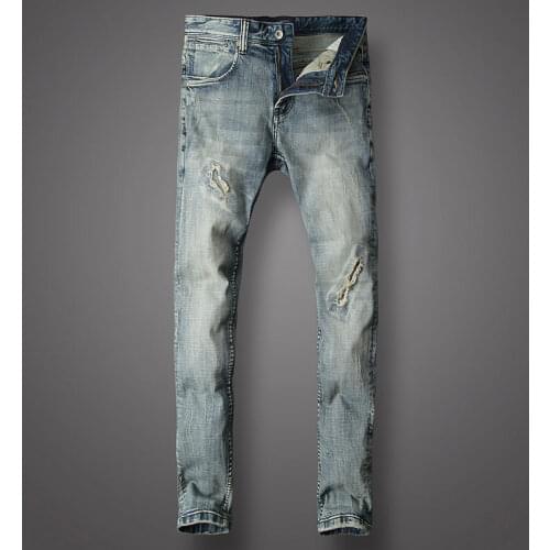 European Vintage Fashion Men Jeans Retro Gray Blue Elastic Slim Fit Ripped Jeans Men Patchwork Designer Casual Punk Denim Pants